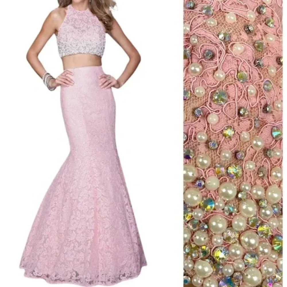 NWT LA FEMME Pink Lace Imitation Pearl Accent Two Piece Mermaid Gown Size 00